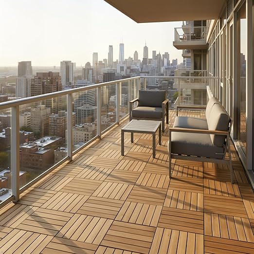 Acacia Wood Flooring Interlocking Deck Tiles for Patio Decor 9 Pcs 12 Slats VR White Oak - Waterproof Indoor & Outdoor Decor - Balcony Garden Decking Tile (12.2 * 12.2 * 0.7 inches)