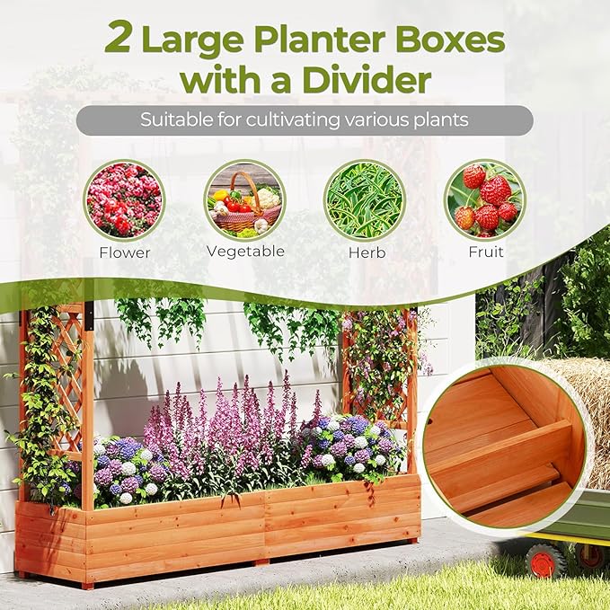 HAPPYGRILL Raised Garden Bed with Trellis, Freestanding Wood Planter Box w/Hanging Roof & Drainage Holes for Vine, Climbing Plants, Flowers, Outdoor Planter with Trellis for Garden, Patio, Yard (2)