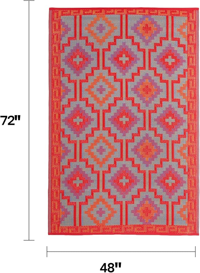 Fab Habitat Outdoor Rug - Waterproof, Fade Resistant, Crease-Free - Premium Recycled Plastic - Vintage Boho Kilim - Patio, Deck, Porch, Balcony, Laundry Room - Lhasa - Orange & Violet - 4 x 6 ft