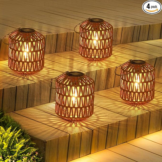 Rattan Solar Lights, 4 Pack Solar Lanterns Outdoor Waterproof, Outdoor Lights for Yard, Hanging Lantern with Handle, Decorative Lanterns for Garden, Tabletop, Tree Lighting (Bulbs Included)