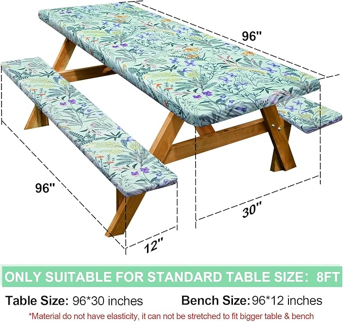 Picnic Table Cover with Bench Covers Camping Essentials Waterproof Windproof Camping Tablecloth with Drawstring Bag, Fitted Rectangle Tables and Seats, 96in, Gray Blue