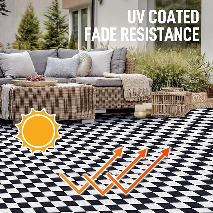 GOTGELIF Black and White Classic Checkerboard Outdoor Area Rug 9x12FT, Reversible & Water-Resistance & Portable Plastic Straw Rug for RV Trips, Picnic, Camping, Outdoor, Garden, Patio