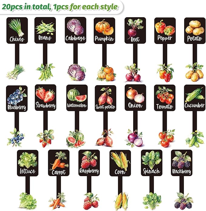 Whaline 20Pcs Watercolor Vegetable Plant Label Signs 20 Styles Garden Markers Waterproof Black Acrylic Plant Stake Tags with Names for Nursery Indoor Outdoor Garden Decor