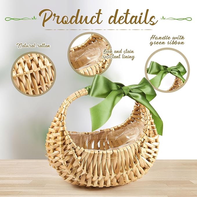 Taiyin Rattan Flower Girl Basket Small Half Moon Straw Wicker Basket with Handle Ideal for Wedding Flower Girl,Picnic,Garden Storage and Home Decor (Green Ribbon)