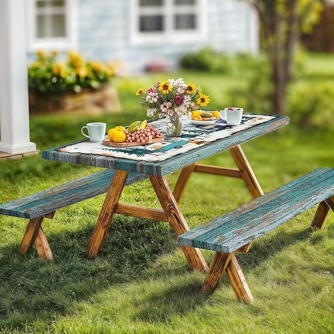 Picnic Table Covers with Bench Covers Camping Tablecloth Fitted Picnic Table Cover with Elastic Windproof Waterproof, Camping Accessories Outdoor, 96In 3PCS