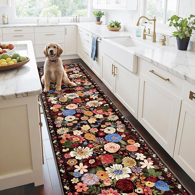 Black Kitchen Rug 2x6, Non Slip Washable Runner Rugs with Rubber Backing Soft Floral Carpet entryway Runner for Hallways, Kitchen, Laundry, Bedroom, Bathroom (Black Garden, 2 x 6)