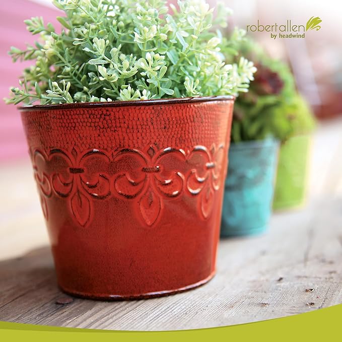 Headwind Ironlite Fleur De Lis Collection – 4" Cayenne Red Decorative Planter with Drain Plug – Lightweight Metal Garden Pots for Indoor & Outdoor Planters Use by Robert Allen