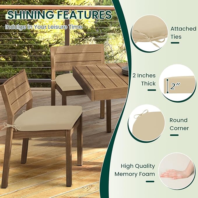 HARBOREST Outdoor Chair Cushions Set of 2, Water Resistant Patio Chair Cushions with Ties, Outdoor Seat Cushions for Patio Furniture, 17"x16"x2", Beige