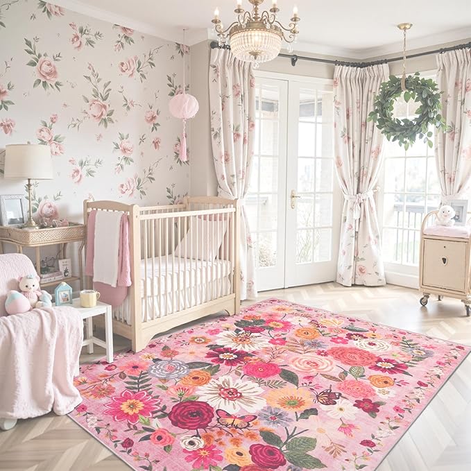 Pink Floral Girls Room Rug 5x8, Non-Slip Washable Rugs for Bedroom Living Room Nursery Kitchen Dining Room Indoor, Ultra-Thin Soft Stain Resistant Girls Room Decor(5 x 8, Pink Garden)