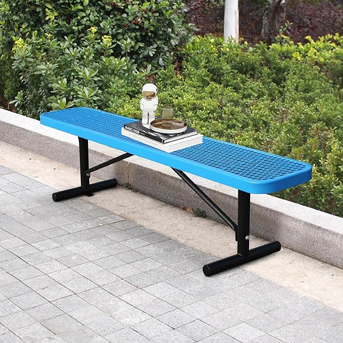 6 Feet Heavy Duty Metal Park Bench for Outside, Outdoor Bench with Portable Frame, Commercial Benches for Shopping Mall, Store, Park, Patio, Deck, Blue
