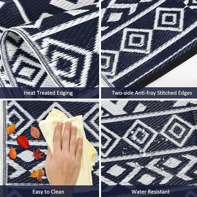 Pendolr 5’x8’ Outdoor Rug Waterproof Carpet Patio Mat Outdoor Plastic Straw Rug Camping Rug Reversible Outside Outdoor Area Rug for Balcony Deck Backyard RV Picnic Beach Navy&White 03#