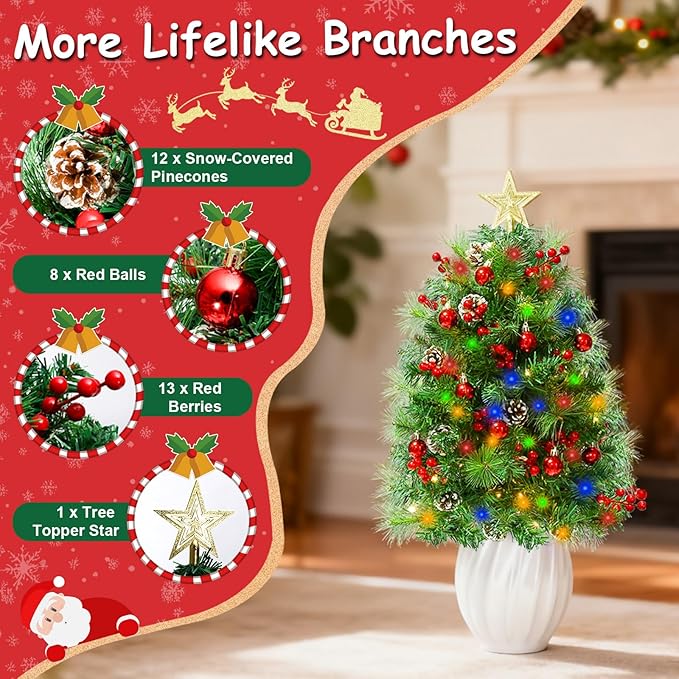 JOYHALO 2 Pack 32 Inch Outdoor Porch Christmas Tree with 50 Lights in Warm White and Multicolor, Prelit Artificial Christmas Tree Urn Filler with PVC&PET Branches for Pathway Entryway Decorations