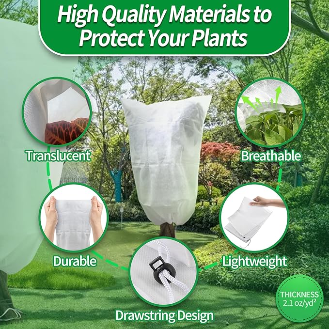 Avalution Plant Covers Freeze Protection, 5 Packs Frost Cloths for Outdoor Plants, 40" X47" Reusable Frost Blankets, 2.2oz Tree Cover Freeze Protection Drawstring Bags for Potted Shrub