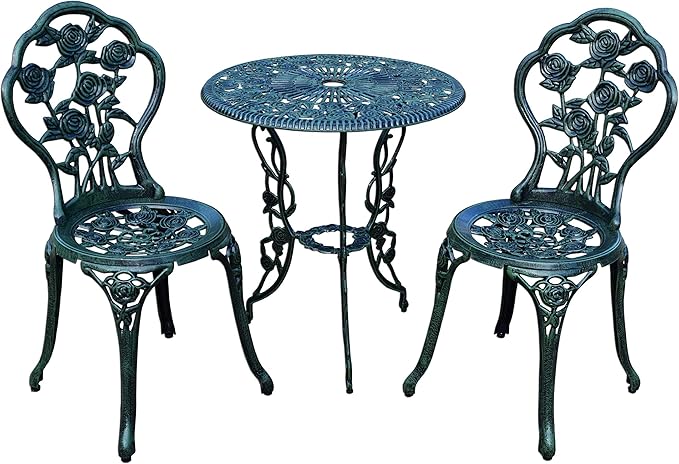 Oakland Living Cast Aluminum Conversation Set Metal Antique Green 3 Piece Patio Rose Bistro Set