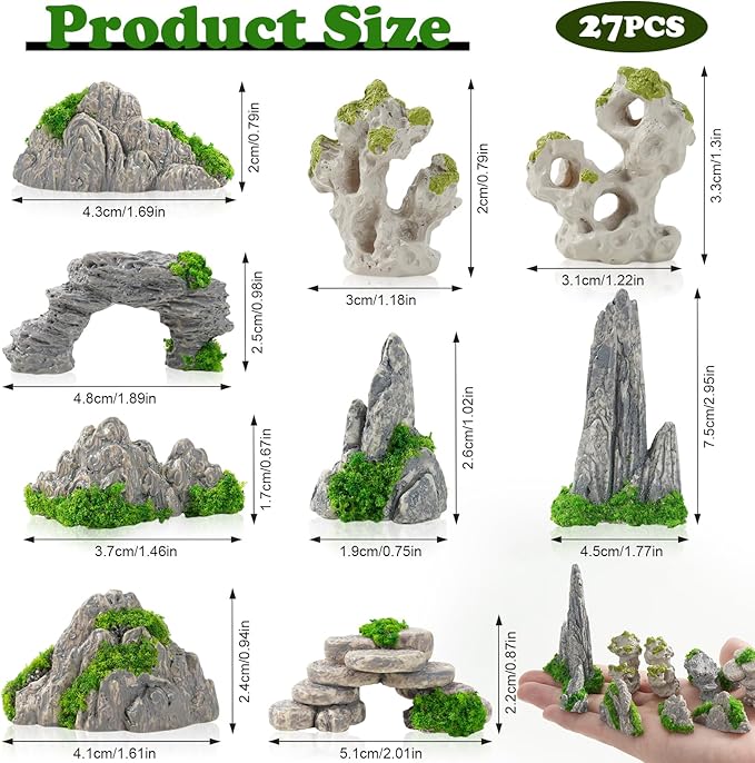 27 Pcs 9 Styles Zen Garden Accessories, Miniature Rockery Decoration Mini Garden Accessories for Micro Landscape Decoration Bonsai Ornament Plant Pot