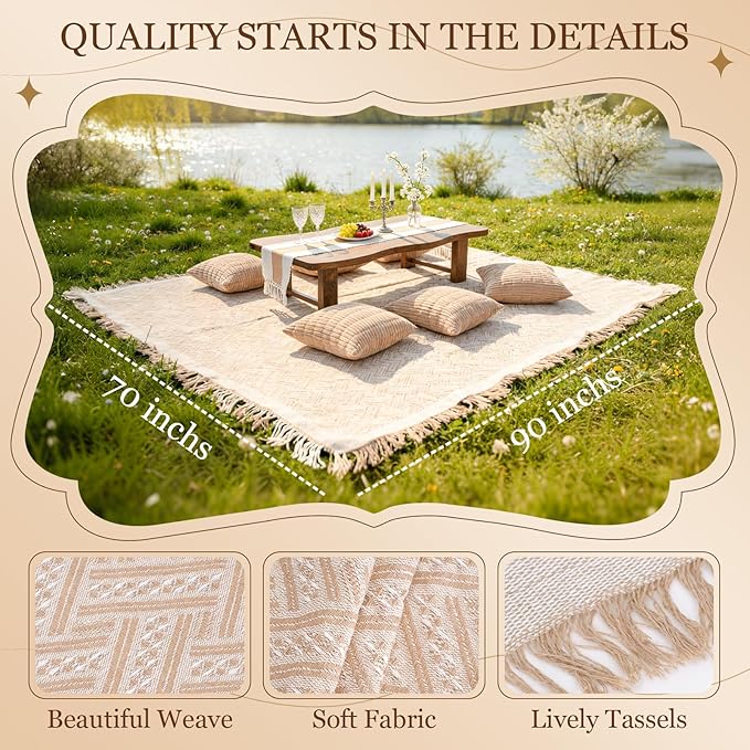 Extra Large Outdoor Boho Picnic Blanket with Table Runner and 6 Throw Pillows Covers for Outdoor Essentials Beach Accessories Basket Set Oversized Manta Yard Outside Mat Wedding Party Decor Sage Green