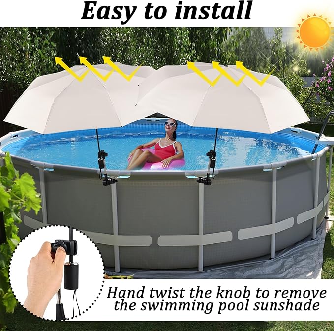 2 Pack Pool Shade Umbrella for Above Ground, Pool Sunshade Canopy With Adjustable Universal Clamp, Portable Patio Umbrella for Garden Beach Chair Camp Trolley Stroller Golf Cart