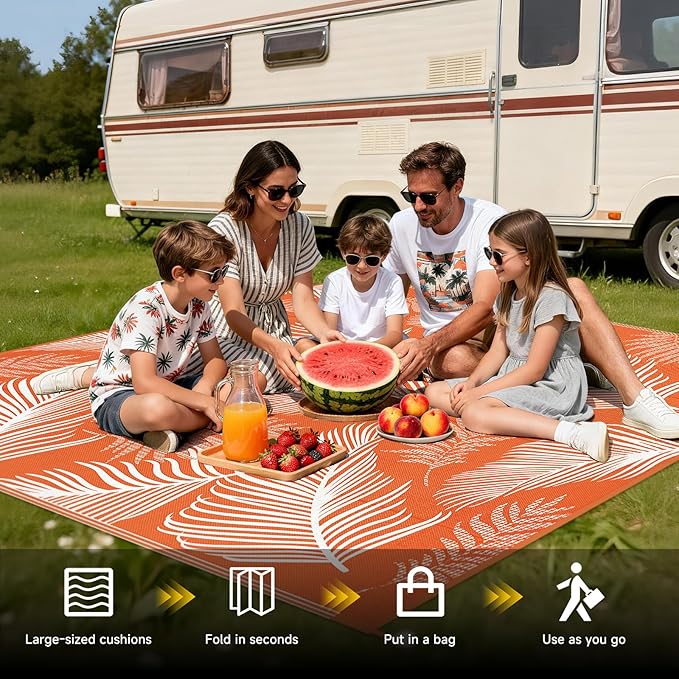 Pauwer Waterproof Outdoor Rug 9x12, Reversible Plastic Straw Patio Camping Rug, Indoor Outdoor RV Mat Carpet for Deck, Camper, Porch, Balcony, Backyard, Picnic, Leaf Orange