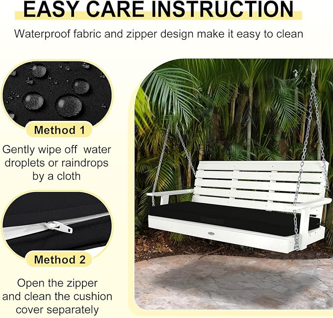 downluxe Outdoor Bench Cushion Waterproof, 48 x 18 Inch Patio Furniture Cushions with Adjustable Ties & Portable Handle, Porch Swing Cushions, Bench Cushions for Outdoor Furniture, Black