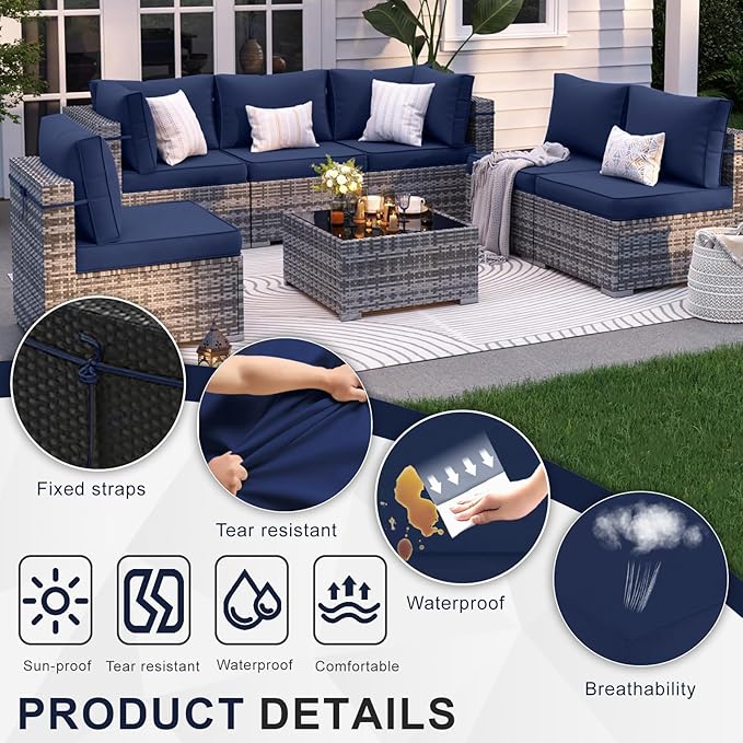Patio Sectional Cushions, 14-Piece Replacement Cushions for Outdoor Furniture, Water-Resistant Outdoor Sofa Cushion for 6-Seat Rattan Wicker Sectional Conversation Sets (Navy Blue111)