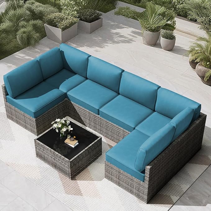 Patio Cushions for Outdoor Furniture,Water-Resistant Outdoor Cushions for 6 Seat Outdoor Sectinal,25.3"×25.3" Deep Seat Sofa Cushions, 14-Piece Outdoor Couch Cushions,Peacock Blue