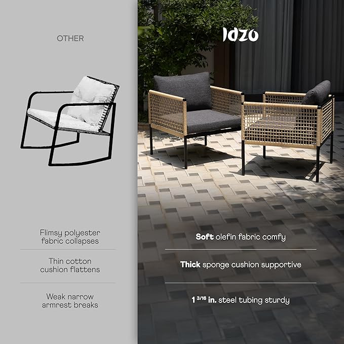 Idzo Oscar Wicker Outdoor Lounge Chair Set of 2, Sturdy Metal Frame, Weather-Resistant Rope Weave, Plush Olefin Cushions, Modern Patio Chairs for Backyard, Balcony, or Poolside