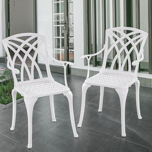 Cast Aluminum Patio Chairs Set of 2, All Weather Outdoor Bistro Chairs with Armrest, White Metal Outdoor Dining Chairs for Garden, White