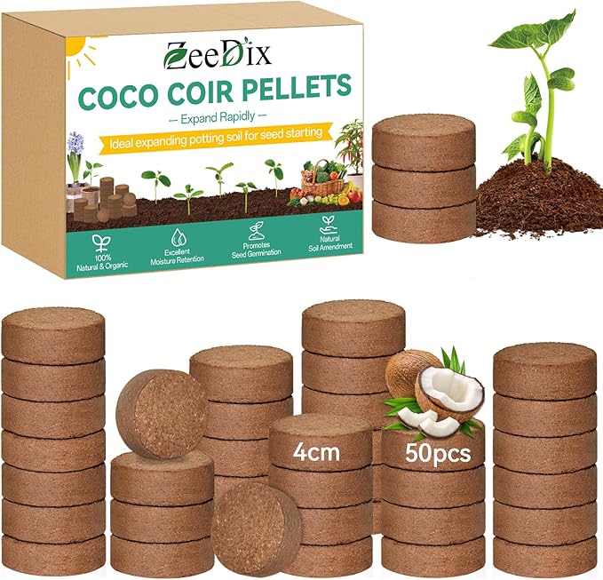 ZeeDix 50pcs(40mm) Coco Coir Pellets Potting Soil Indoor Plants, Compressed Coconut Coir Soil Pellets Seed Starting Pellets Soil Discs for Planting Flowers Bonsai Herbs Plants and Vegetables