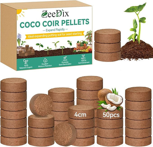 ZeeDix 50pcs(40mm) Coco Coir Pellets Potting Soil Indoor Plants, Compressed Coconut Coir Soil Pellets Seed Starting Pellets Soil Discs for Planting Flowers Bonsai Herbs Plants and Vegetables