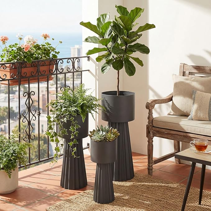 Tall Round Flower Pots, Set of 3 Metal Planters for Indoor Outdoor Plants, Large Planter Pot, Planters for Garden Front Porch Patio, 22.83", 26.77", 29.72" H, Dark Gray