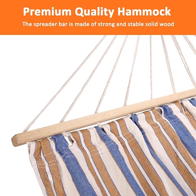Hammock, Portable with Extension Pole, Cotton Rope Double Hammock, 770 lbs Capacity, Suitable for Patio, Backyard, Garden, and Beach (Brown, Blue, and White Stripes)