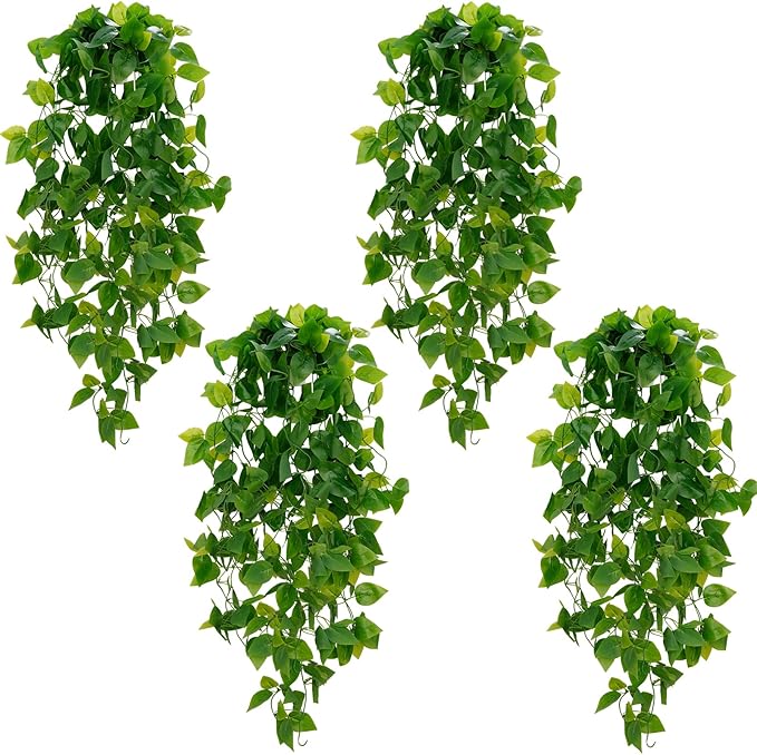BLEUM CADE Fake Hanging Plants, 4pcs Artificial Hanging Plant, Faux Pothos Vines Greenery for Wall Home Living Room Office Indoor Outdoor Decor (No Baskets)