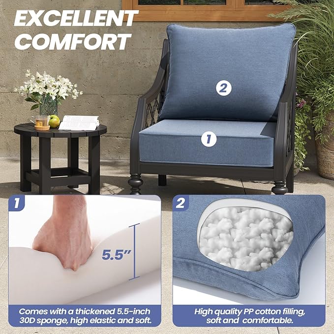 Crestlive Sunbrella 5.5" Outdoor Cushion for Patio Furniture Set of 2, 24 x 24, Waterproof and Fade-Resistant Deep Seat Cushions for Chair, Wicker Sofa and Couch, Denim