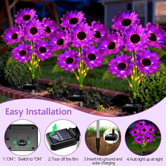 Solar Sunflower Lights Outdoor Garden Decor, 4 Pack Solar Purple Flowers Lights with 24 Sunflowers, Waterproof Fall Decor Stake Decorative Light Auto ON/Off for Garden Yard Patio, Gift for Women