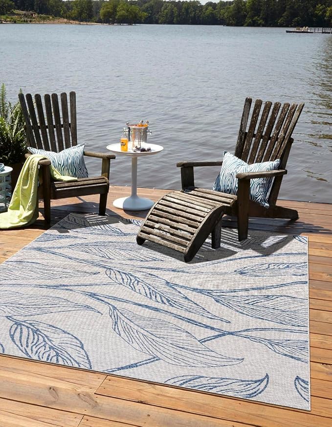 Unique Loom Outdoor Botanical Collection Area Rug - Leaf (10' 8" Square Light Gray/Ivory)