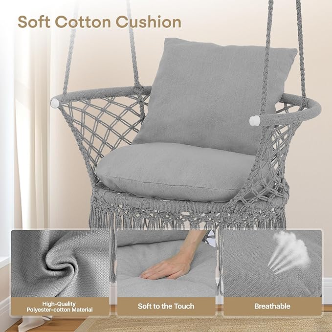 Athena Collection Hammock Swing Chair with Cushion, Outdoor Macrame Chair with Mounting Hardware, Max 350 Lbs, Large Cotton Rope Hanging Chair for Outdoor Indoor Porch Garden, Gray
