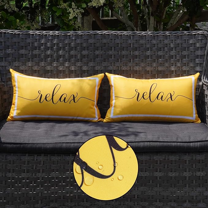 ONWAY Outdoor Waterproof Throw Pillow Covers 12x20 Set of 2 Yellow and White Relax Decorative Pillowcase for Patio Furniture Garden Couch Tent Balcony