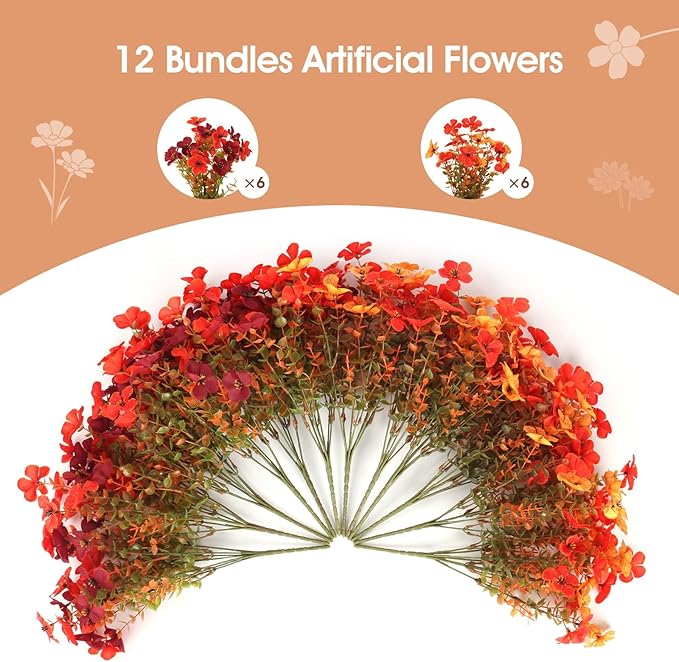 Artificial Fall Mums Flowers Plants for Outdoor Decoration, 12 Bundles Fake Faux Silk Orange UV Resistant Look Real for Autumn Front Door Porch Planter Patio Garden Home (12Pcs Orange Begonia)