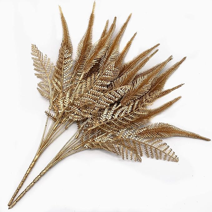 CATTREE Artificial Plants for Christmas, Plastic Grass Faux Shrubs Fake Leaves Simulation Setaria Bushes Home Indoor Outdoor Garden Wedding Festival Decoration Hall Table Planter Filler – Gold 2 Pack