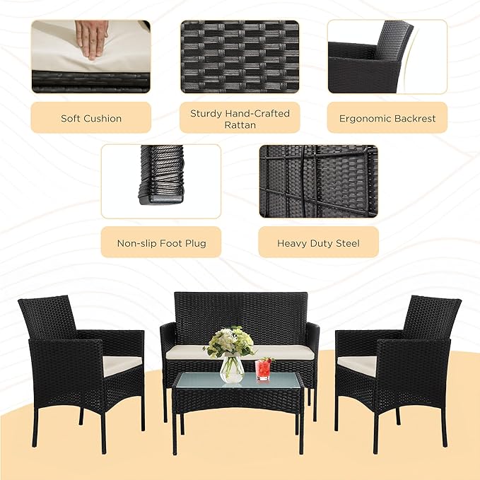 PROHIKER 4 Piece Outdoor Wicker Patio Conversation Furniture Set, Rattan Chair Wicker Sofa Garden Conversation Sets with Cushion and Glass Table for Yard Pool or Backyard, Black/Beige