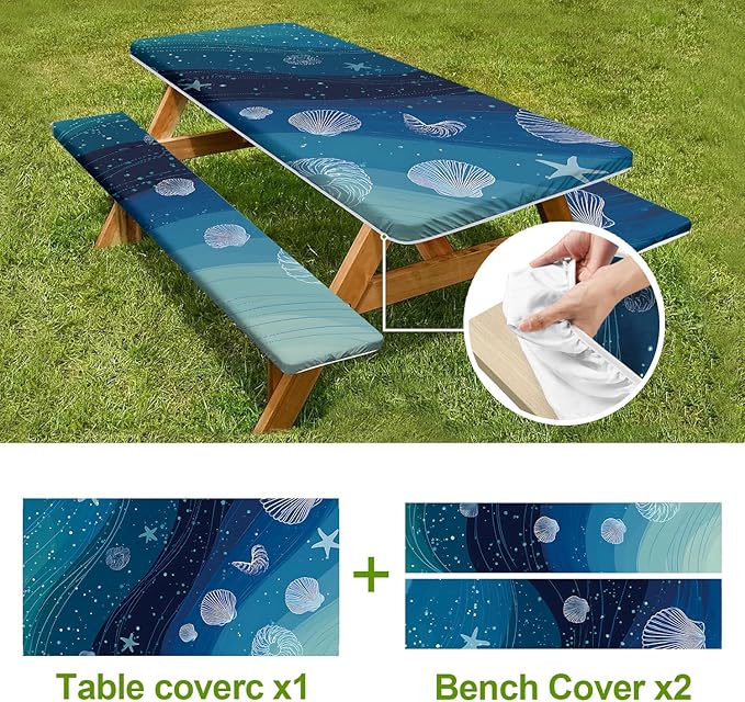 Picnic Table Cover with Bench Covers Set of 3 - Coastal Shells Ocean Beach Starfish Pattern, Elastic Fitted Tablecloth for 6 Ft Tables, Washable Polyester Cover for Patio, Indoor & Outdoor