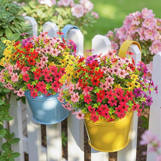 SHareconn 24 Bundles Artificial Flowers for Outdoors Spring Decoration, Fake Silk Realistic Faux Plants UV Resistant for Outside Planter Porch Patio Indoor Decor, RedRosePurpleYellowPink