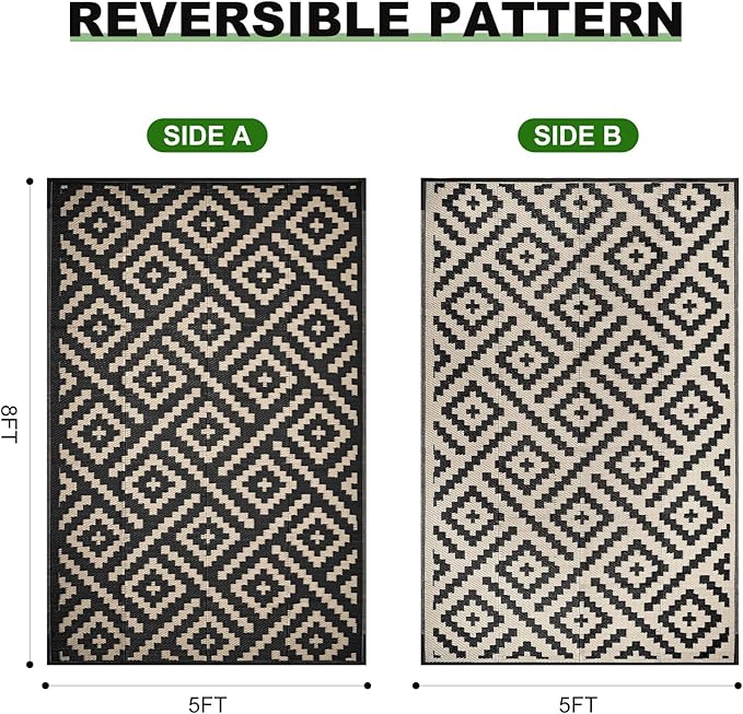 RURALITY Outdoor Rugs 5x8 Feet for Patios Clearance,Plastic Straw Waterproof Mats for Backyard,Porch,Deck,Balcony,Black&Beige