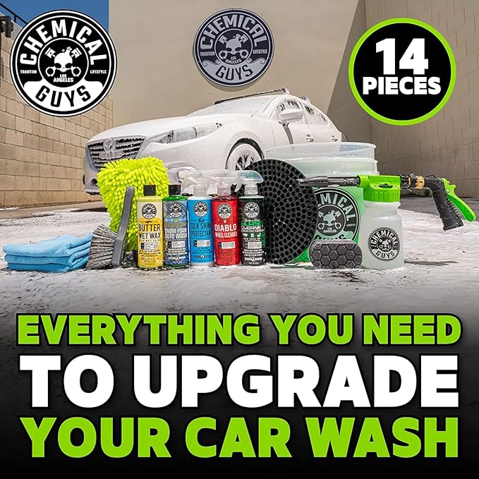 Chemical Guys CWS_402CW 14-Piece Arsenal Builder Car Wash Kit W/Foam Gun, Bucket and (5) 16 oz Car Care Cleaning Chemicals (Works w/Garden Hose) with Mr. Pink Foaming Car Wash Soap, 16 oz