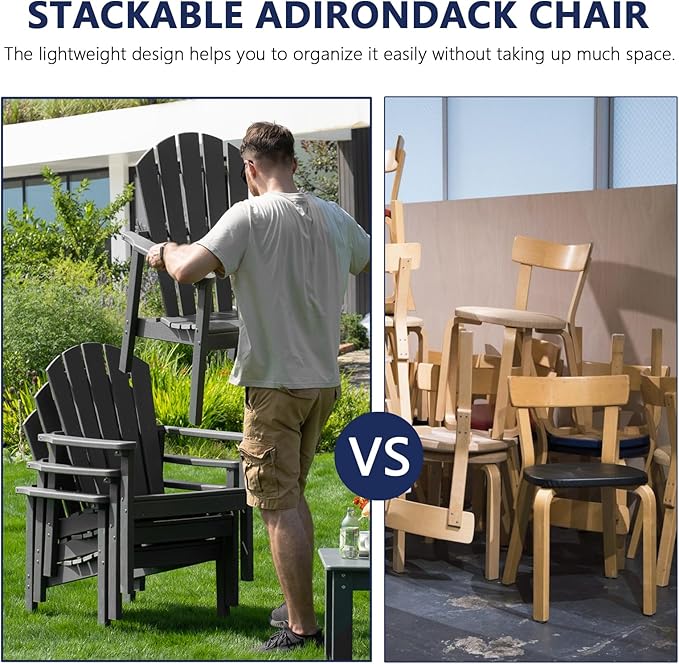 nevilywood Compact Stackable Adirondack Chairs Set of 2, 26.3" Wide HDPE Outdoor Patio Chairs - Durable, Space-Saving Design for Porch, Lawn or Garden, Grey