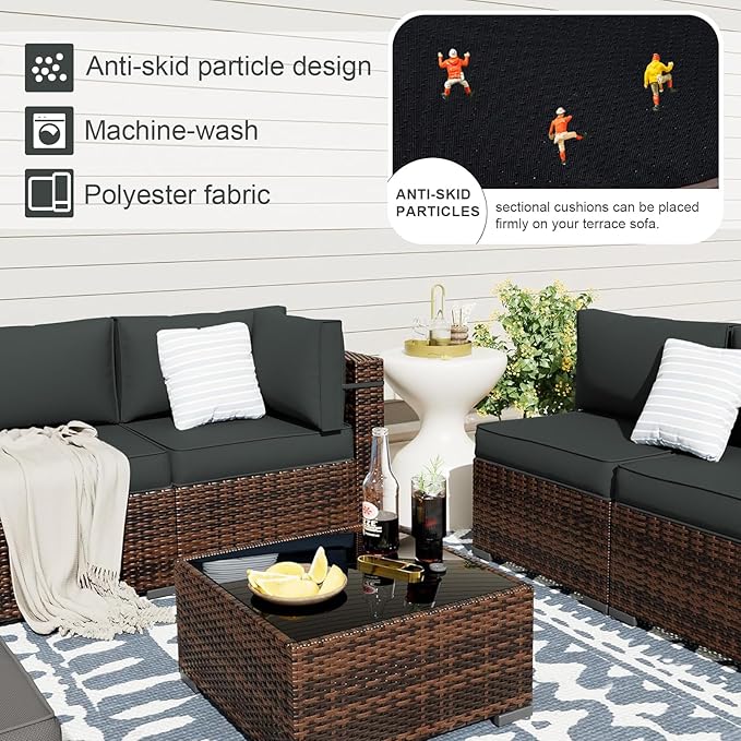 Patio Sectional Cushions, 14-Piece Replacement Cushions for Outdoor Furniture, Water-Resistant Outdoor Sofa Cushion for 6-Seat Rattan Wicker Sectional Conversation Sets (Dark Gray)