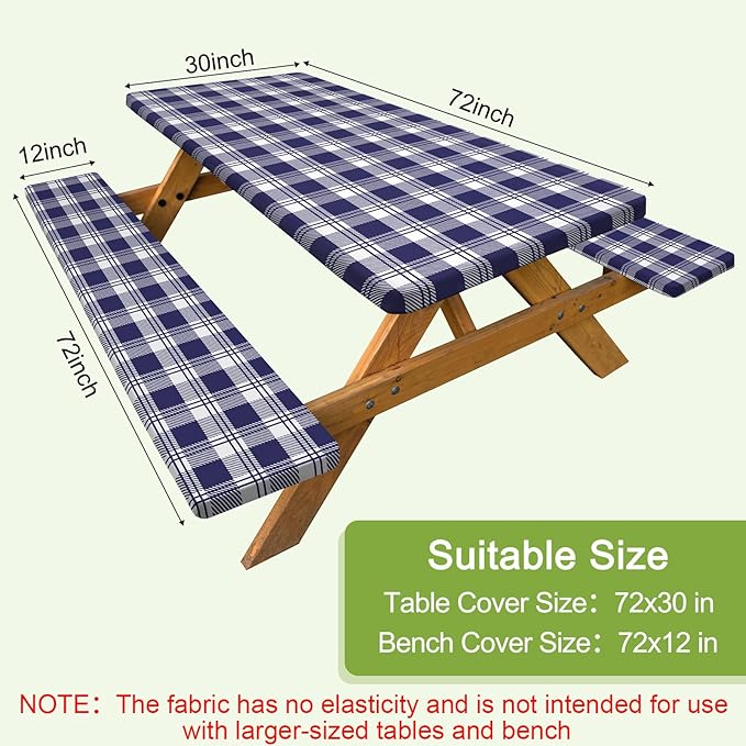 Picnic Table Cover with Bench Covers Camping Tablecloth with Storage Bag Windproof Waterproof Picnic Table Covers with Elastic for Camping