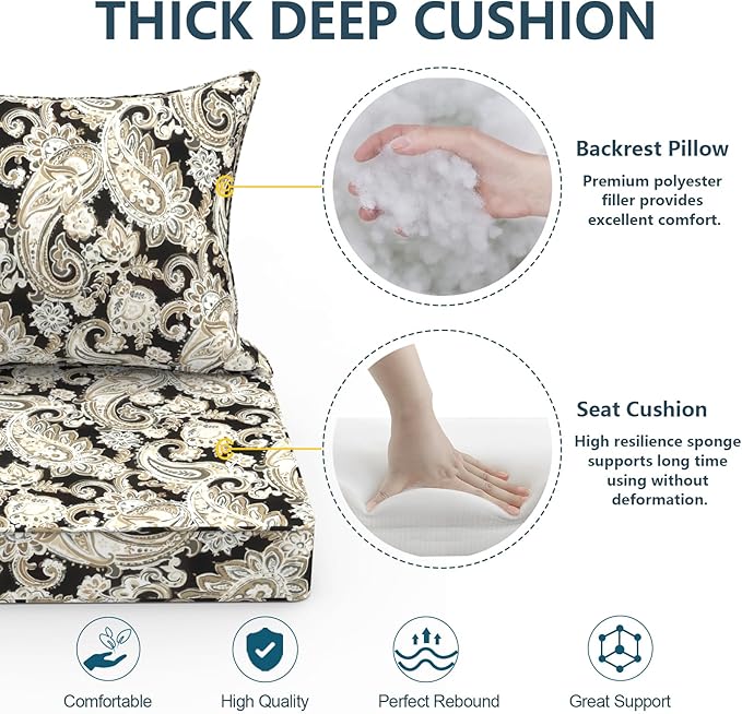 Outdoor Deep Seat Cushion Set, Water Repellent 24"x24" Patio Thick Cushions Replacement with Seat & Back Pillow for Patio Sofa, Wicker Chair, Couch - Paisley Black