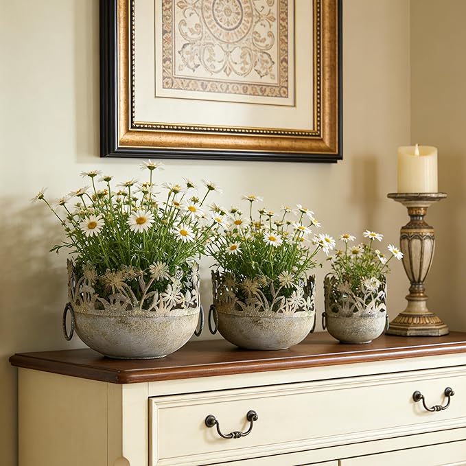 3-Piece Vintage Metal Floral Cutout Planter Set, Rustic Garden Flower Pots for Indoor Outdoor Decor, Distressed Bronze Planters with Handles