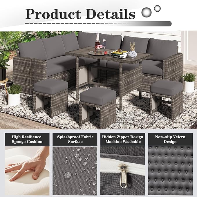 U-MAX Outdoor Cushions, Patio Replacement Cushions for Outdoor Furniture, Fits for 7-Seats Wicker Rattan Conversation Set, 13-Piece Cushions Set for Outdoor Sectional, Dark Grey